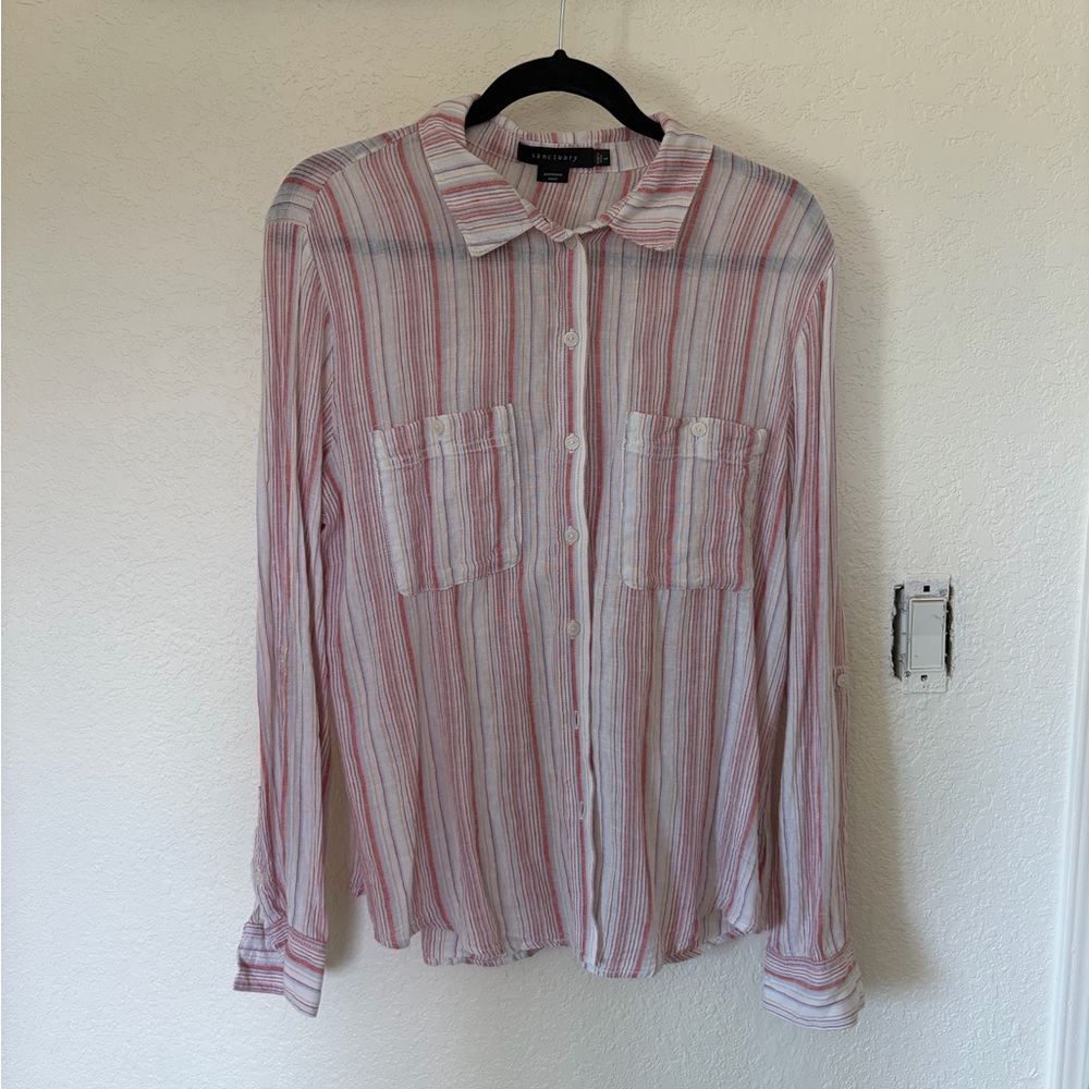 Sanctuary Pink and White Stripe Linen Blend Button-Down Shirt- Coastal Grandma